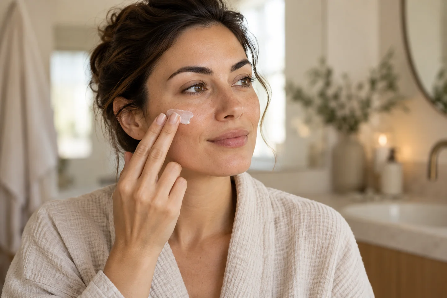 Vrouw die een kleine hoeveelheid moisturizer zacht op haar wang aanbrengt