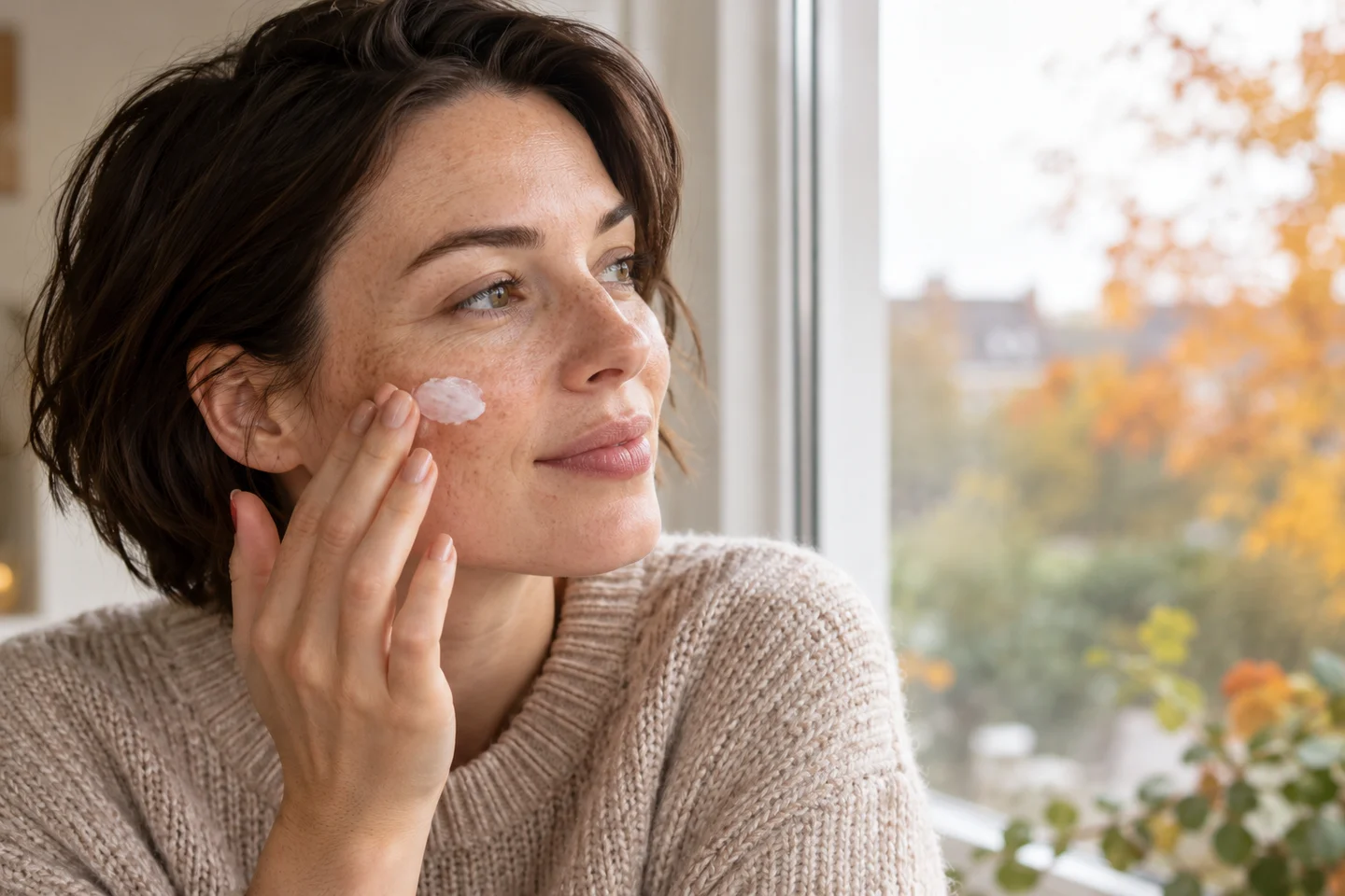 Vrouw met sproeten die zonnebrand op haar wang aanbrengt bij een raam in de herfst