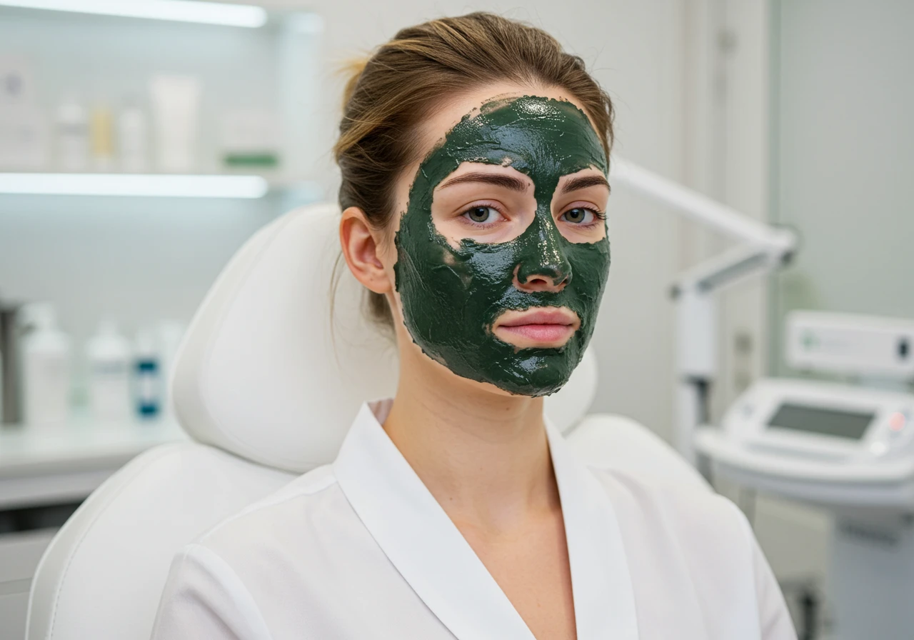 Gezicht van een vrouw met een groen peelingmasker