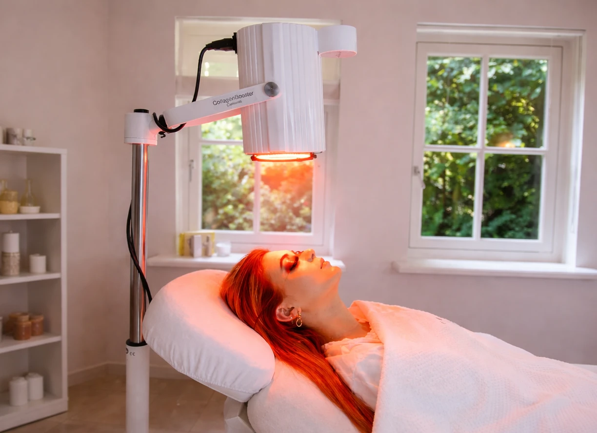 Vrouw onder een lichttherapielamp in een behandelkamer